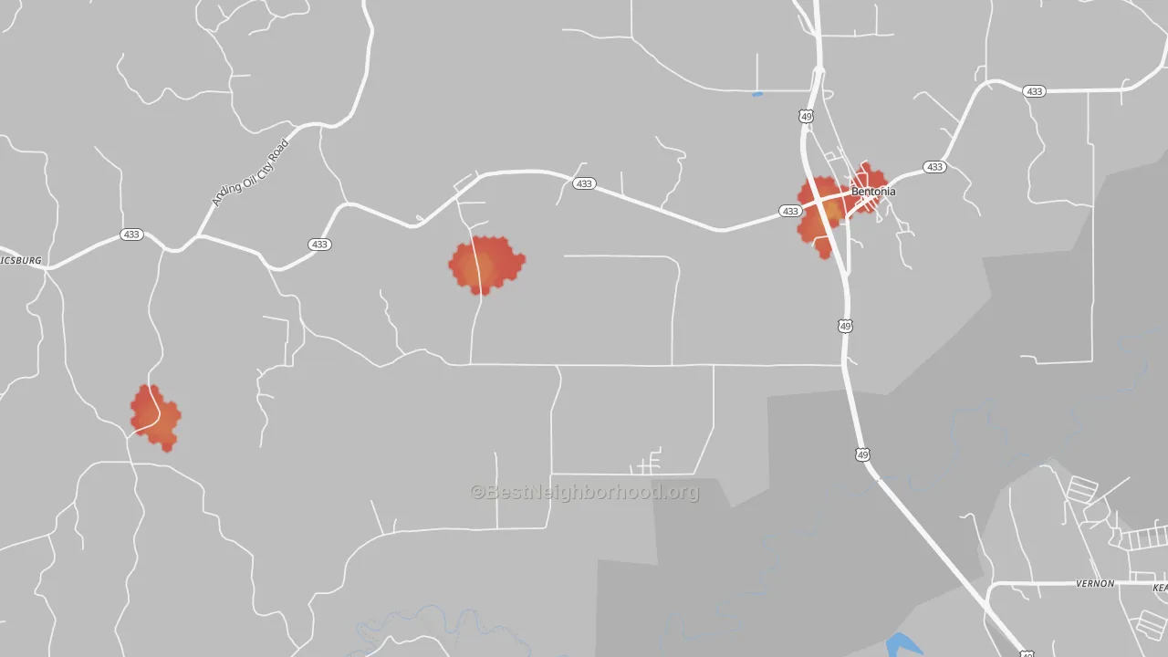 Walk Grade map of Little Yazoo, MS, walkable areas in green and car-dependent areas in red