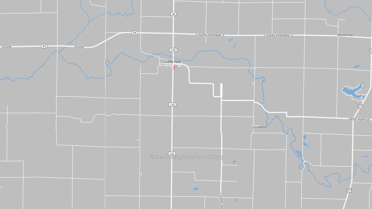 Walk Grade map of Little York, IL, walkable areas in green and car-dependent areas in red