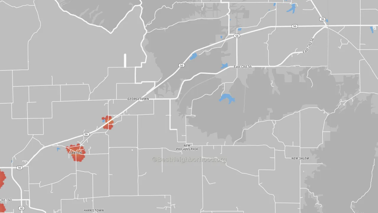 Walk Grade map of Little York, IN, walkable areas in green and car-dependent areas in red