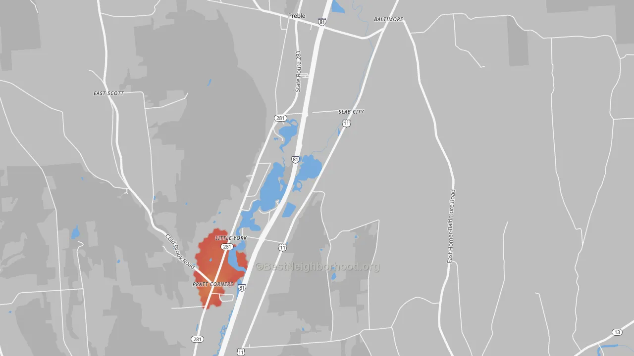 Walk Grade map of Little York, NY, walkable areas in green and car-dependent areas in red