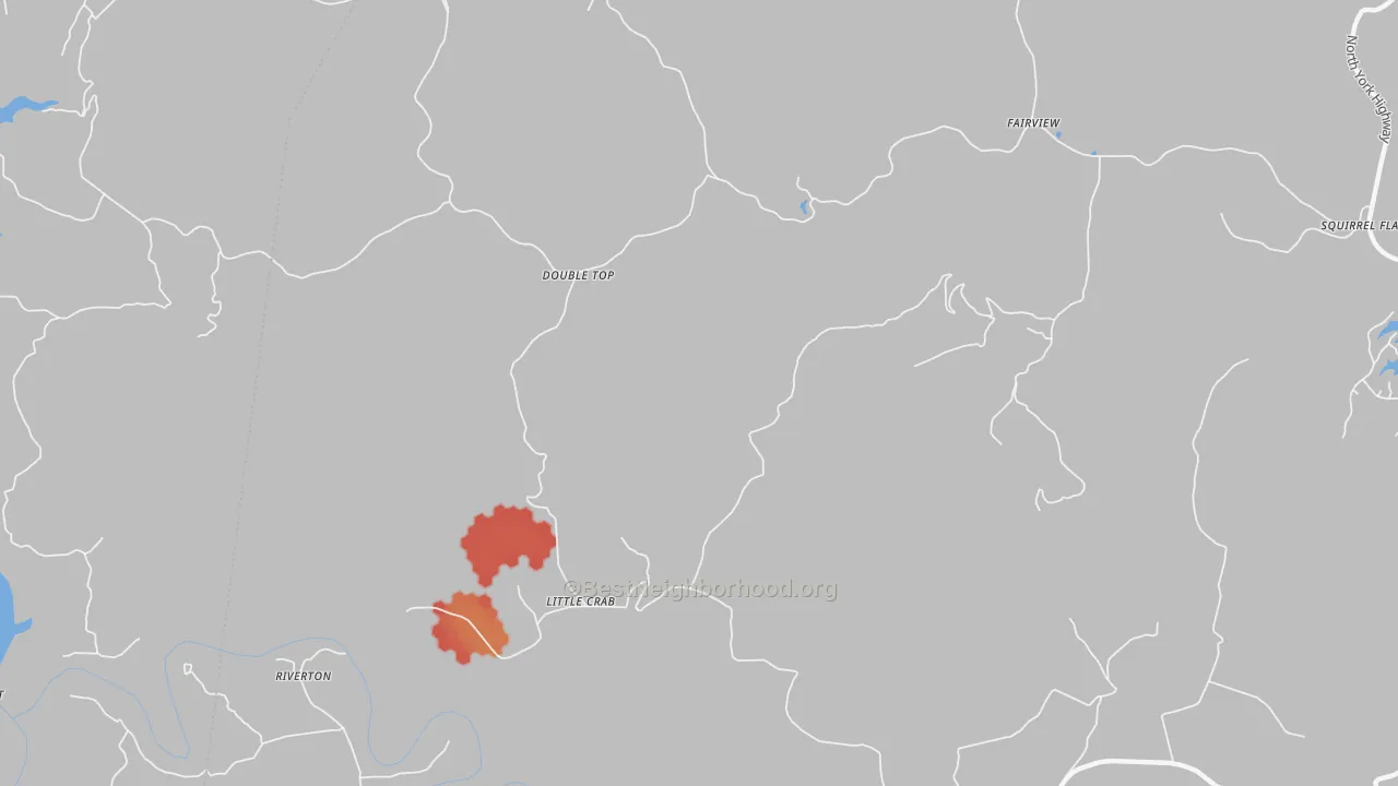 Walk Grade map of Littlecrab, TN, walkable areas in green and car-dependent areas in red