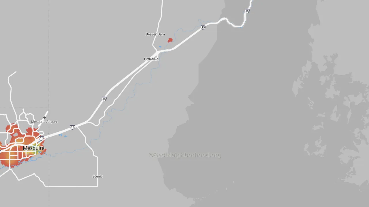 Walk Grade map of Littlefield, AZ, walkable areas in green and car-dependent areas in red