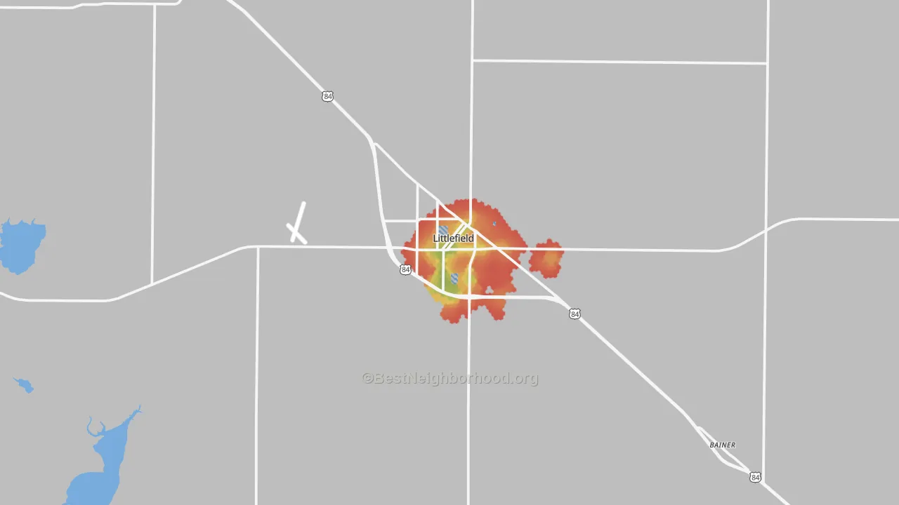 Walk Grade map of Littlefield, TX, walkable areas in green and car-dependent areas in red