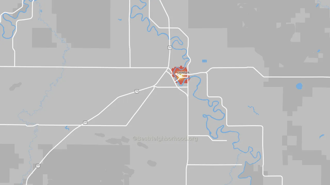 Walk Grade map of Littlefork, MN, walkable areas in green and car-dependent areas in red