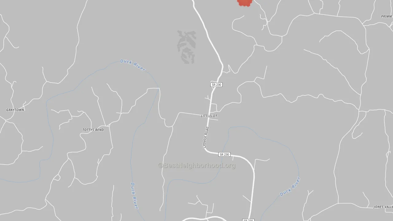 Walk Grade map of Littlelot, TN, walkable areas in green and car-dependent areas in red