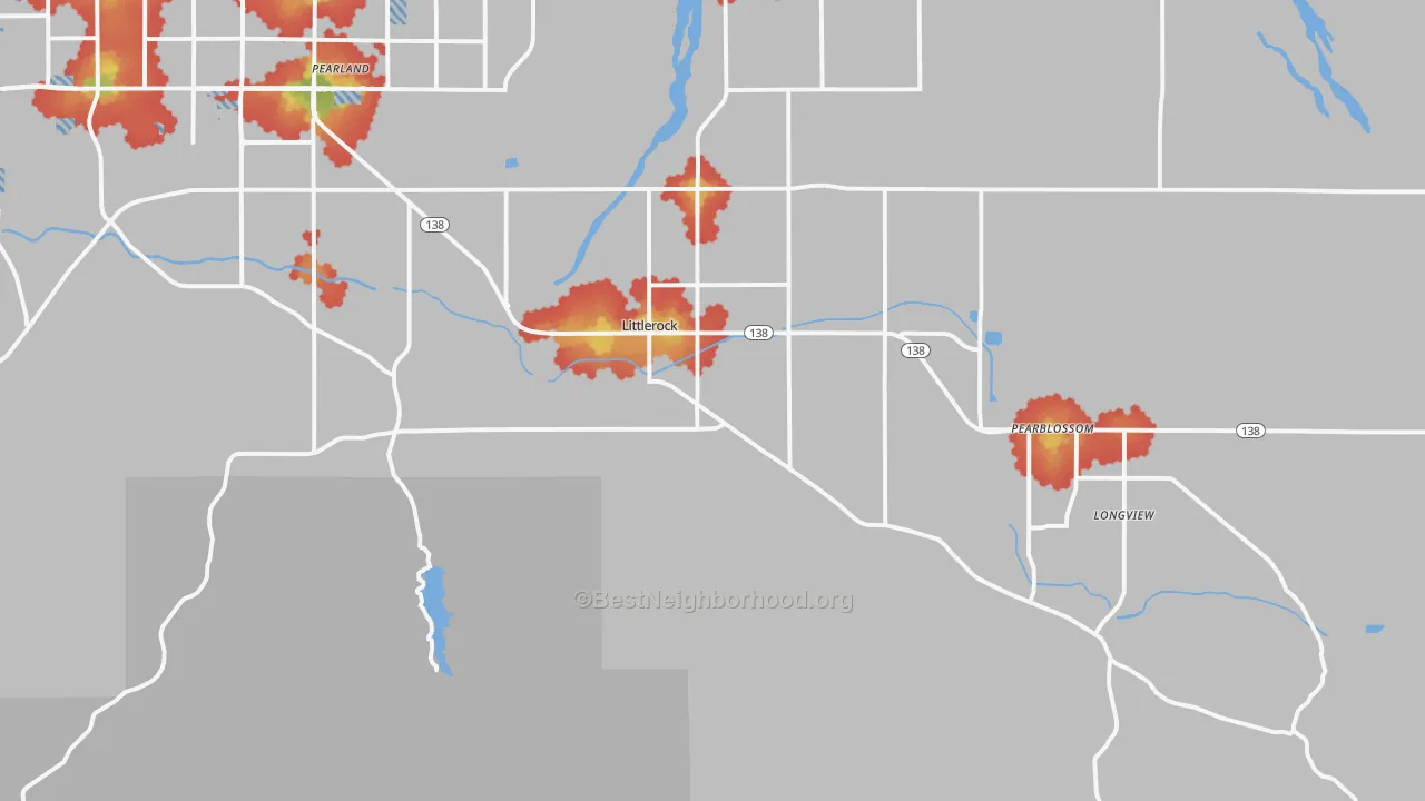 Walk Grade map of Littlerock, CA, walkable areas in green and car-dependent areas in red