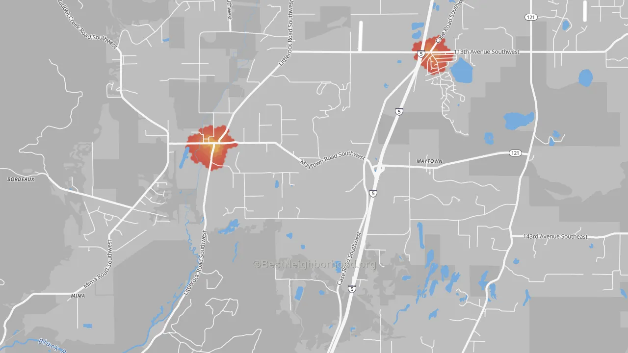 Walk Grade map of Littlerock, WA, walkable areas in green and car-dependent areas in red