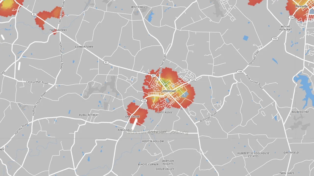 Walk Grade map of Littlestown, PA, walkable areas in green and car-dependent areas in red