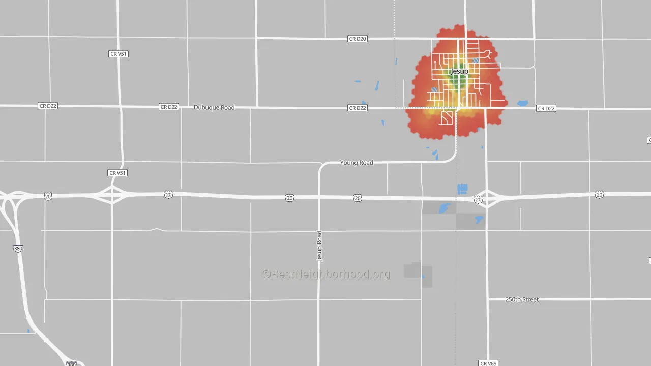 Walk Grade map of Littleton, IA, walkable areas in green and car-dependent areas in red