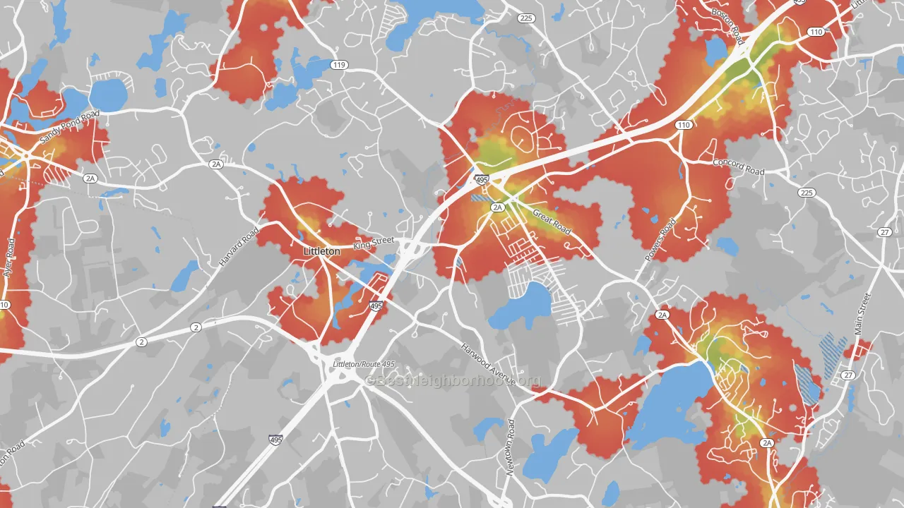 Walk Grade map of Littleton, MA, walkable areas in green and car-dependent areas in red