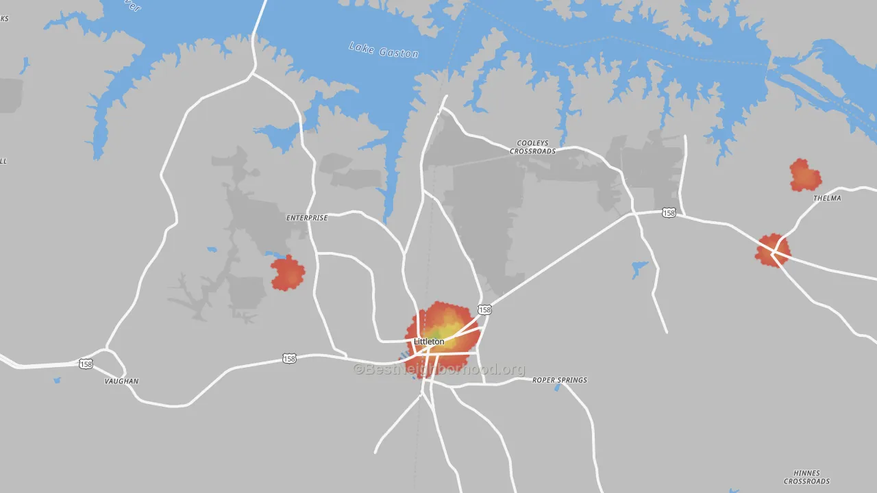 Walk Grade map of Littleton, NC, walkable areas in green and car-dependent areas in red