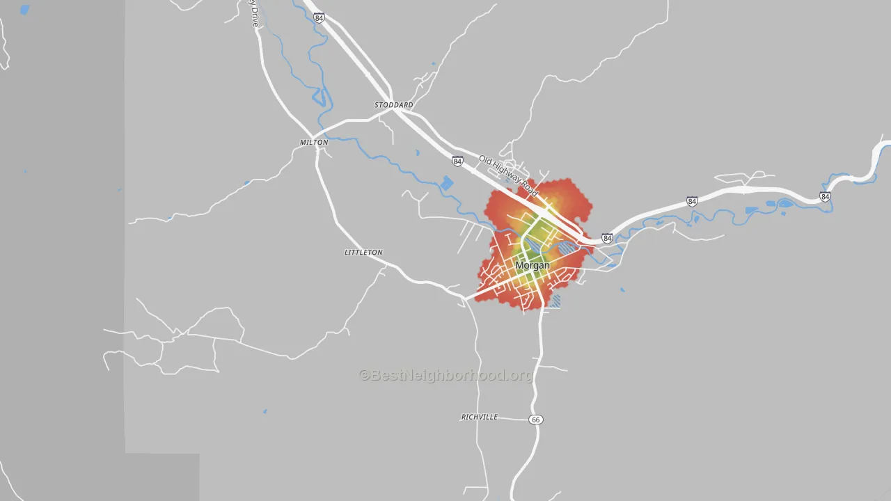 Walk Grade map of Littleton, UT, walkable areas in green and car-dependent areas in red