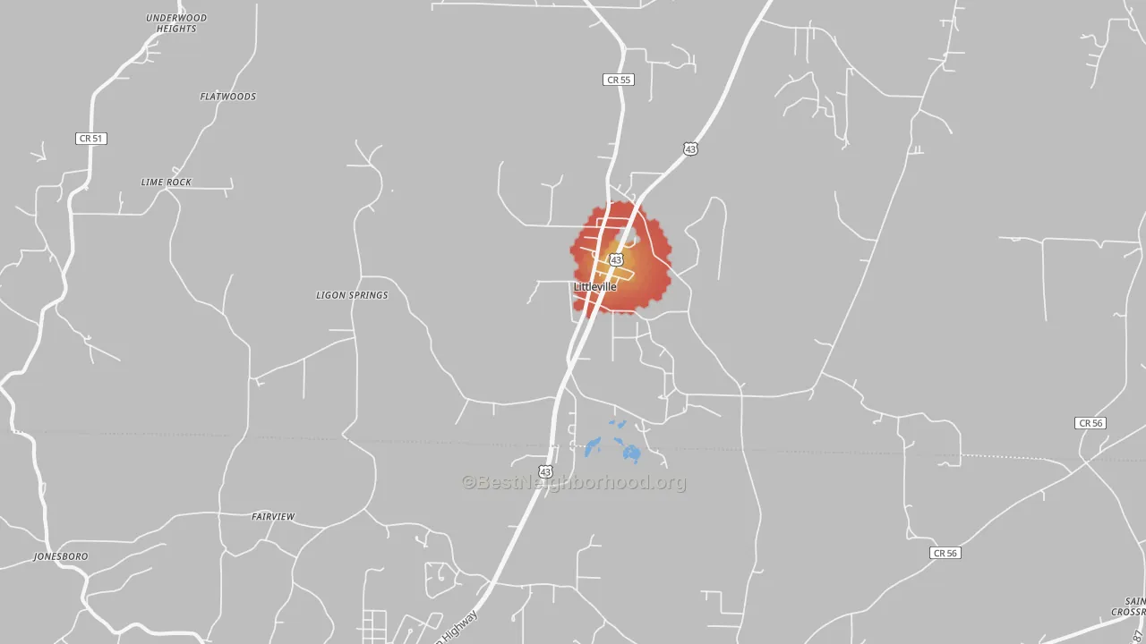 Walk Grade map of Littleville, AL, walkable areas in green and car-dependent areas in red