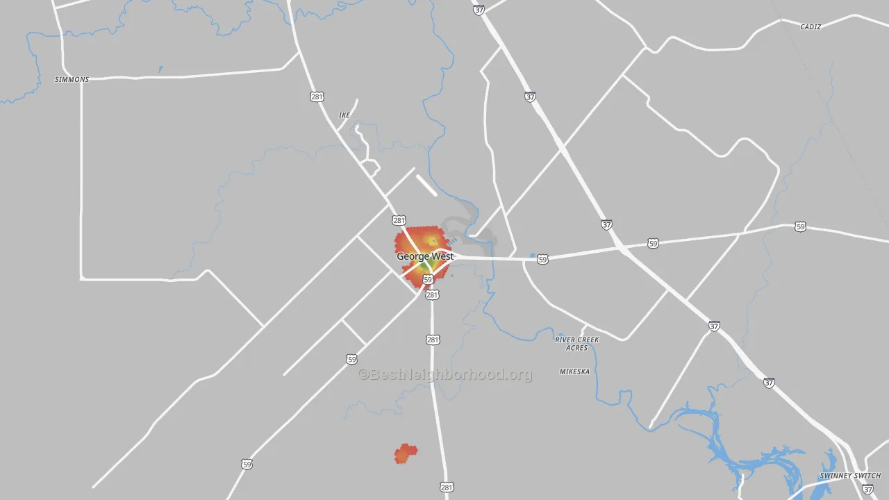 Walk Grade map of Live Oak County, TX, walkable areas in green and car-dependent areas in red