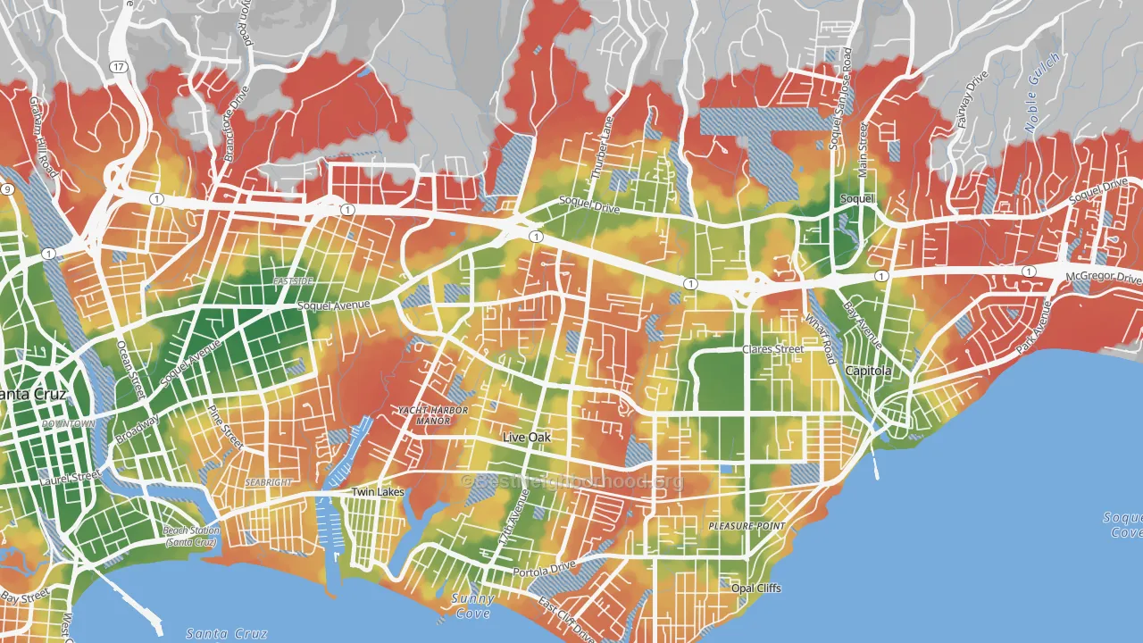 Walk Grade map of Live Oak, Santa Cruz, CA, walkable areas in green and car-dependent areas in red