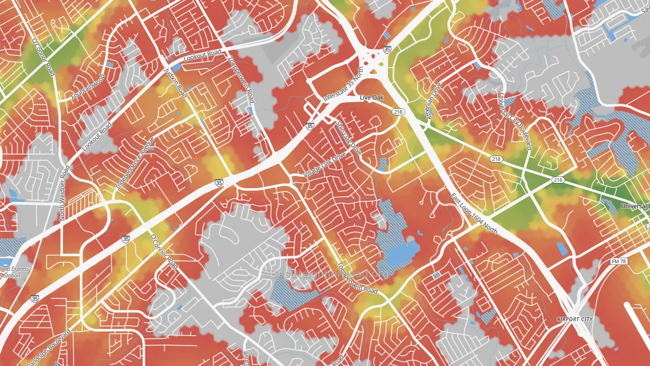 Walk Grade map of Live Oak, TX, walkable areas in green and car-dependent areas in red