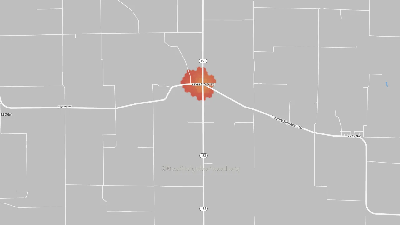 Walk Grade map of Lively Grove, IL, walkable areas in green and car-dependent areas in red