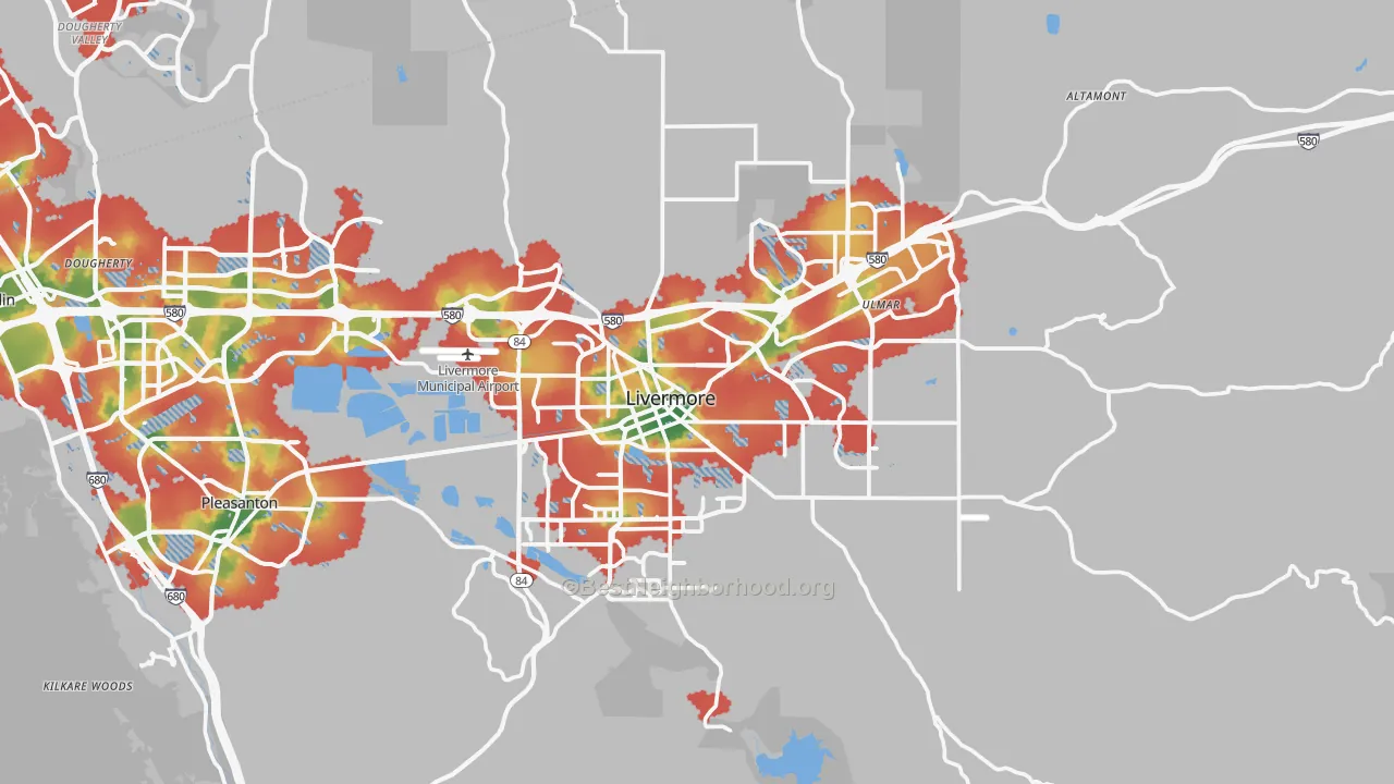 Walk Grade map of Livermore, CA, walkable areas in green and car-dependent areas in red