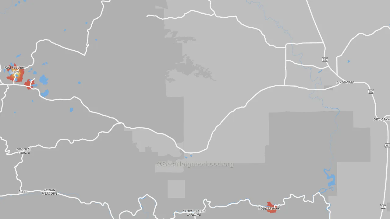 Walk Grade map of Livermore, CO, walkable areas in green and car-dependent areas in red