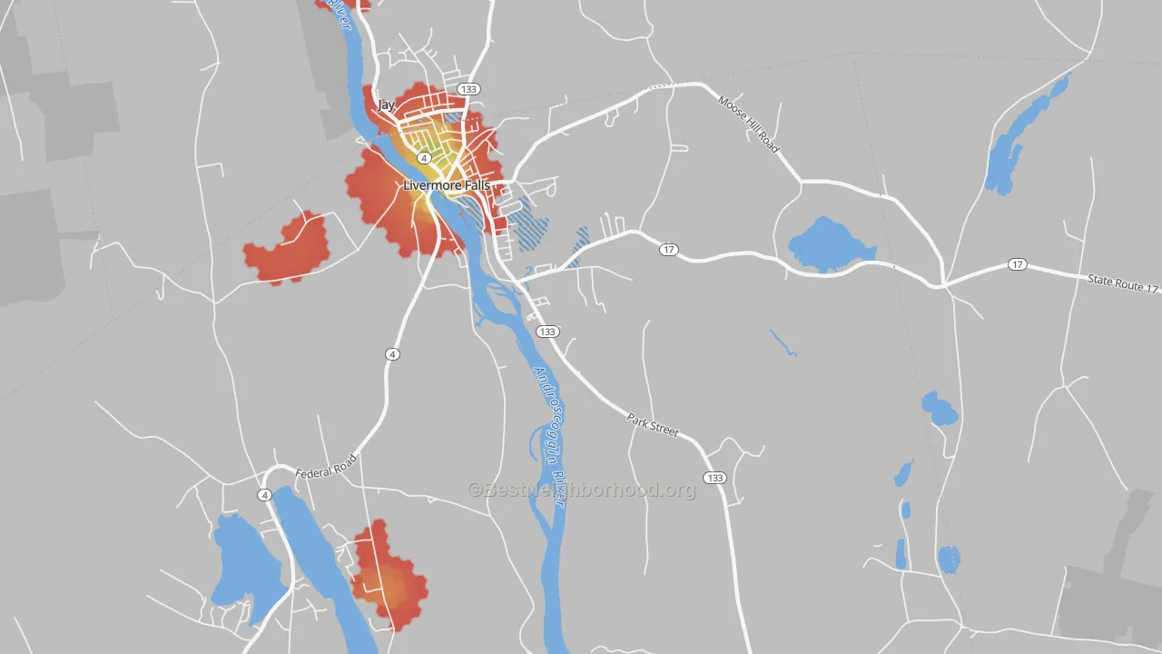 Walk Grade map of Livermore Falls, ME, walkable areas in green and car-dependent areas in red