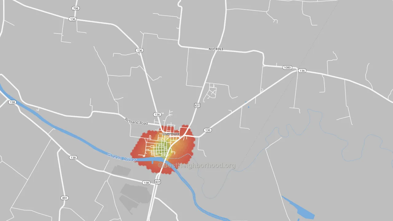 Walk Grade map of Livermore, KY, walkable areas in green and car-dependent areas in red