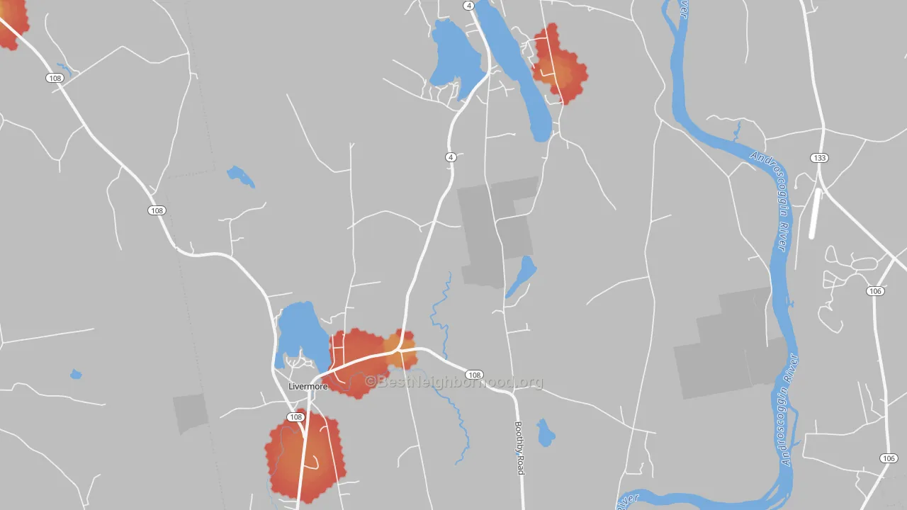 Walk Grade map of Livermore, ME, walkable areas in green and car-dependent areas in red