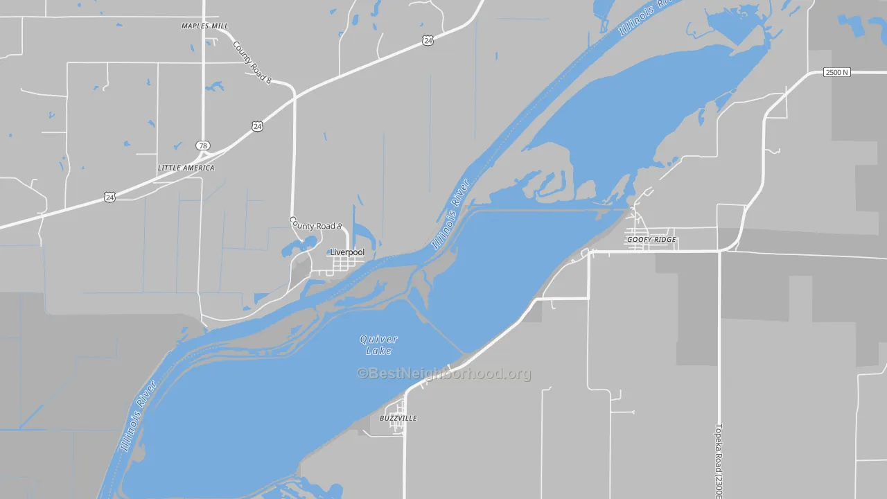 Walk Grade map of Liverpool, IL, walkable areas in green and car-dependent areas in red