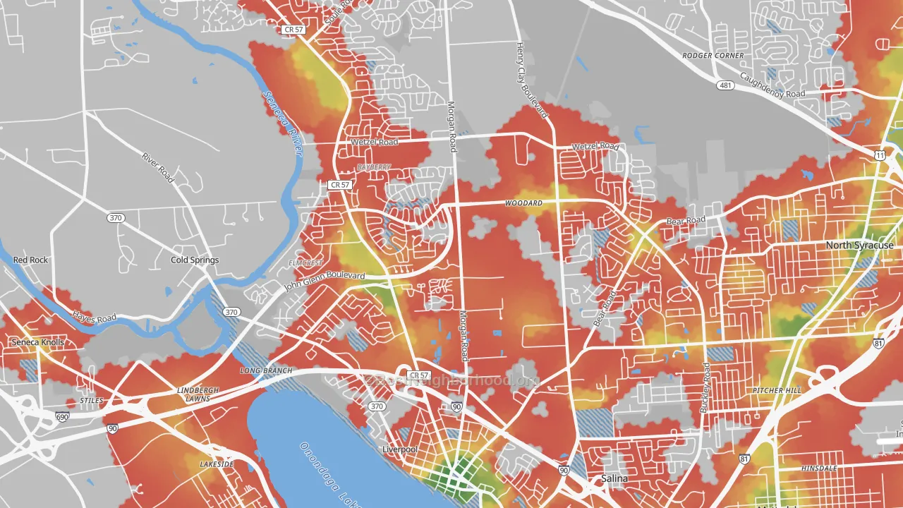 Walk Grade map of Liverpool, NY, walkable areas in green and car-dependent areas in red