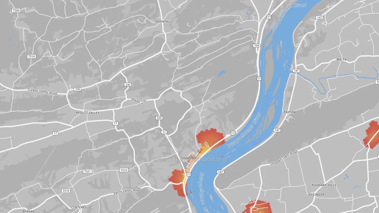 Walk Grade map of Liverpool, PA, walkable areas in green and car-dependent areas in red