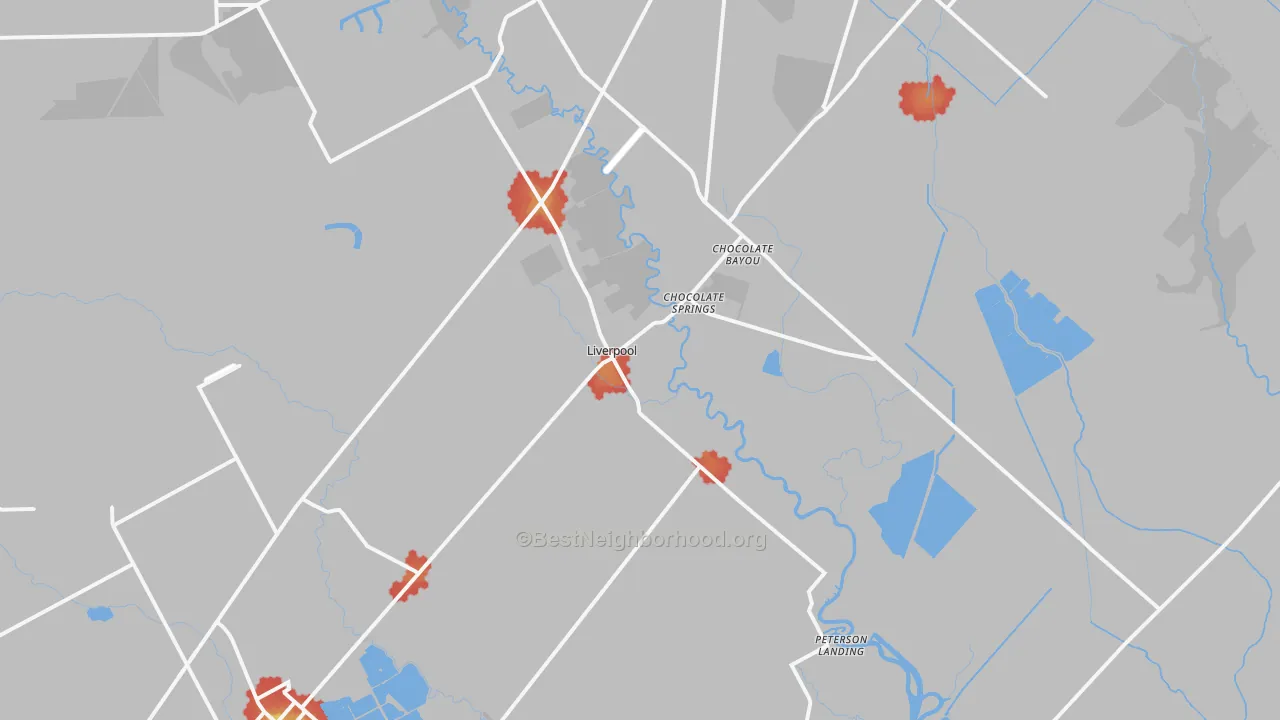 Walk Grade map of Liverpool, TX, walkable areas in green and car-dependent areas in red