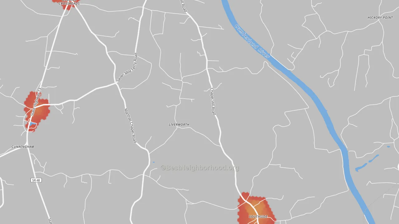 Walk Grade map of Liverwort, TN, walkable areas in green and car-dependent areas in red
