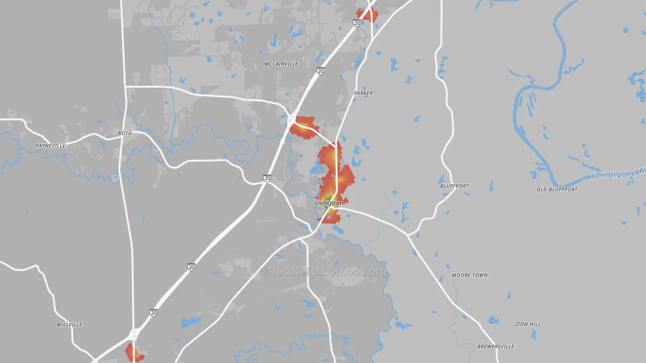 Walk Grade map of Livingston, AL, walkable areas in green and car-dependent areas in red