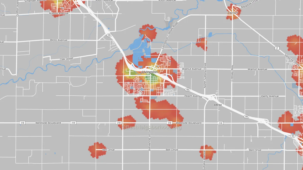 Walk Grade map of Livingston, CA, walkable areas in green and car-dependent areas in red