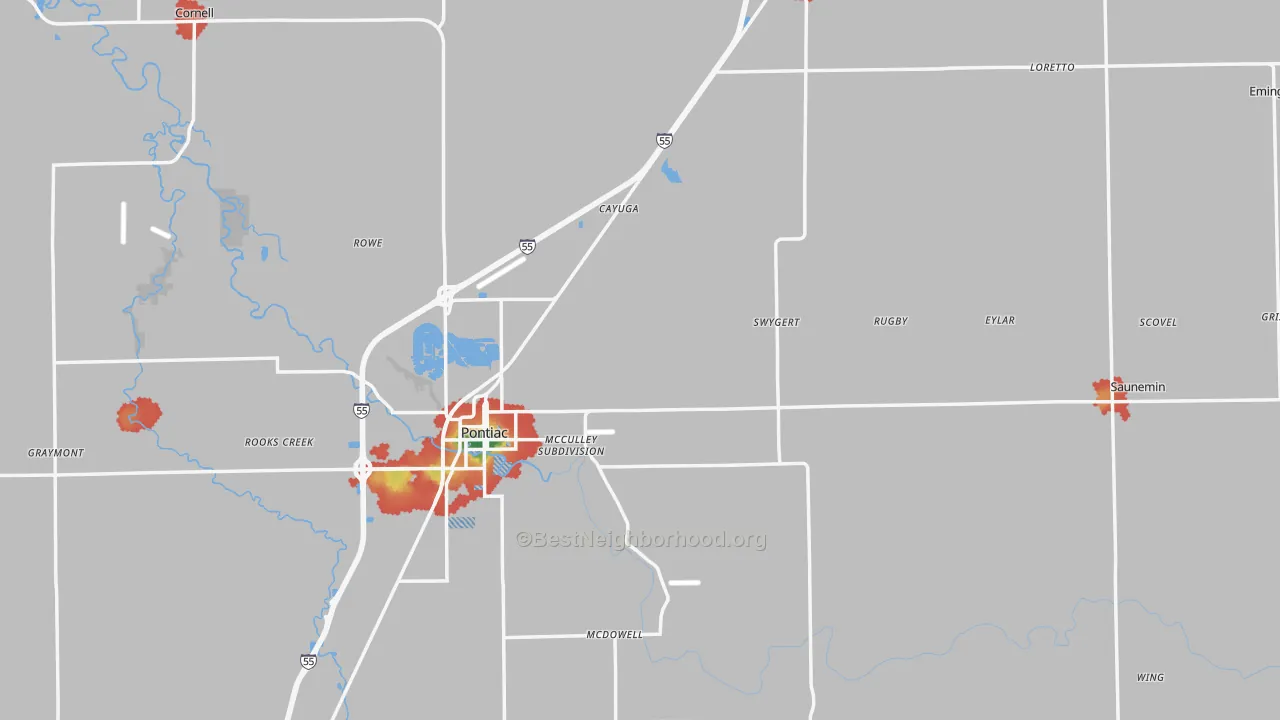 Walk Grade map of Livingston County, IL, walkable areas in green and car-dependent areas in red