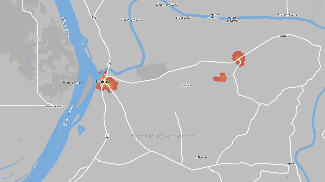 Walk Grade map of Livingston County, KY, walkable areas in green and car-dependent areas in red