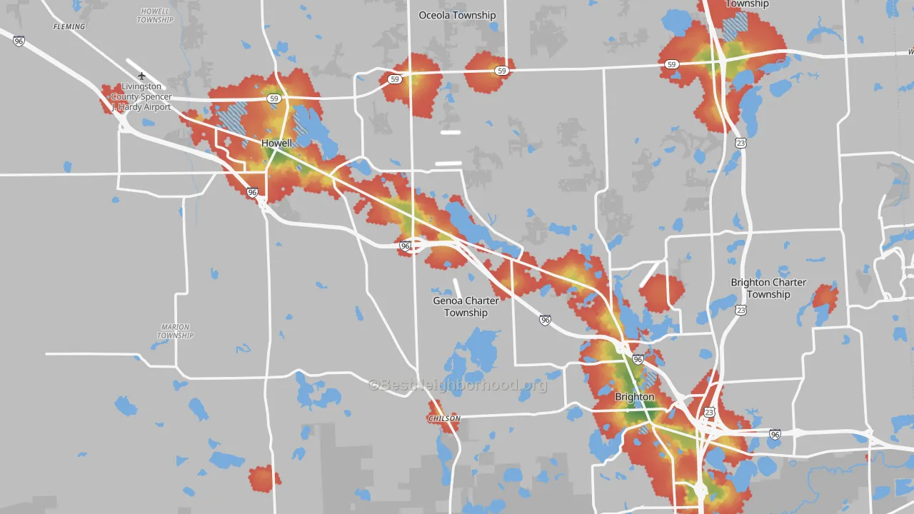 Walk Grade map of Livingston County, MI, walkable areas in green and car-dependent areas in red