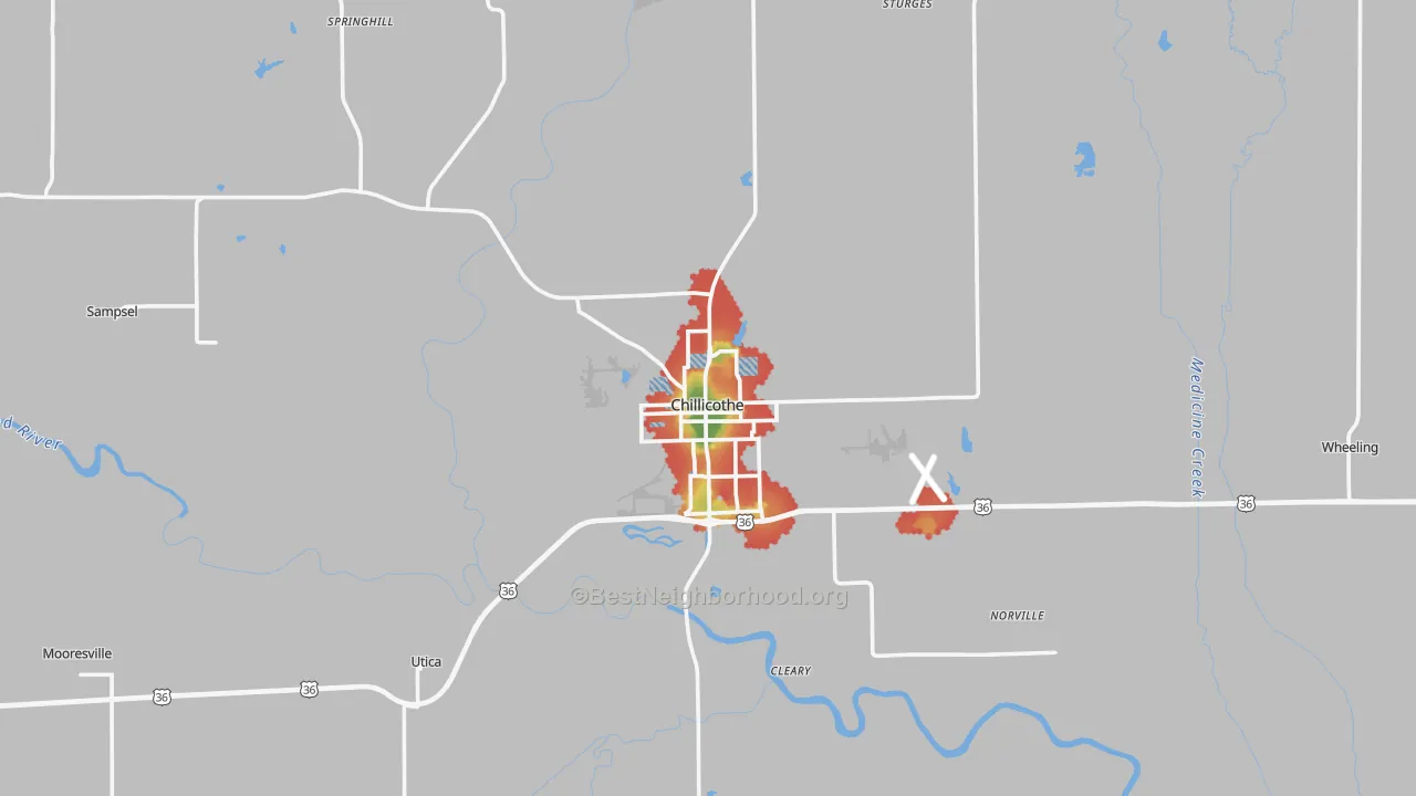 Walk Grade map of Livingston County, MO, walkable areas in green and car-dependent areas in red