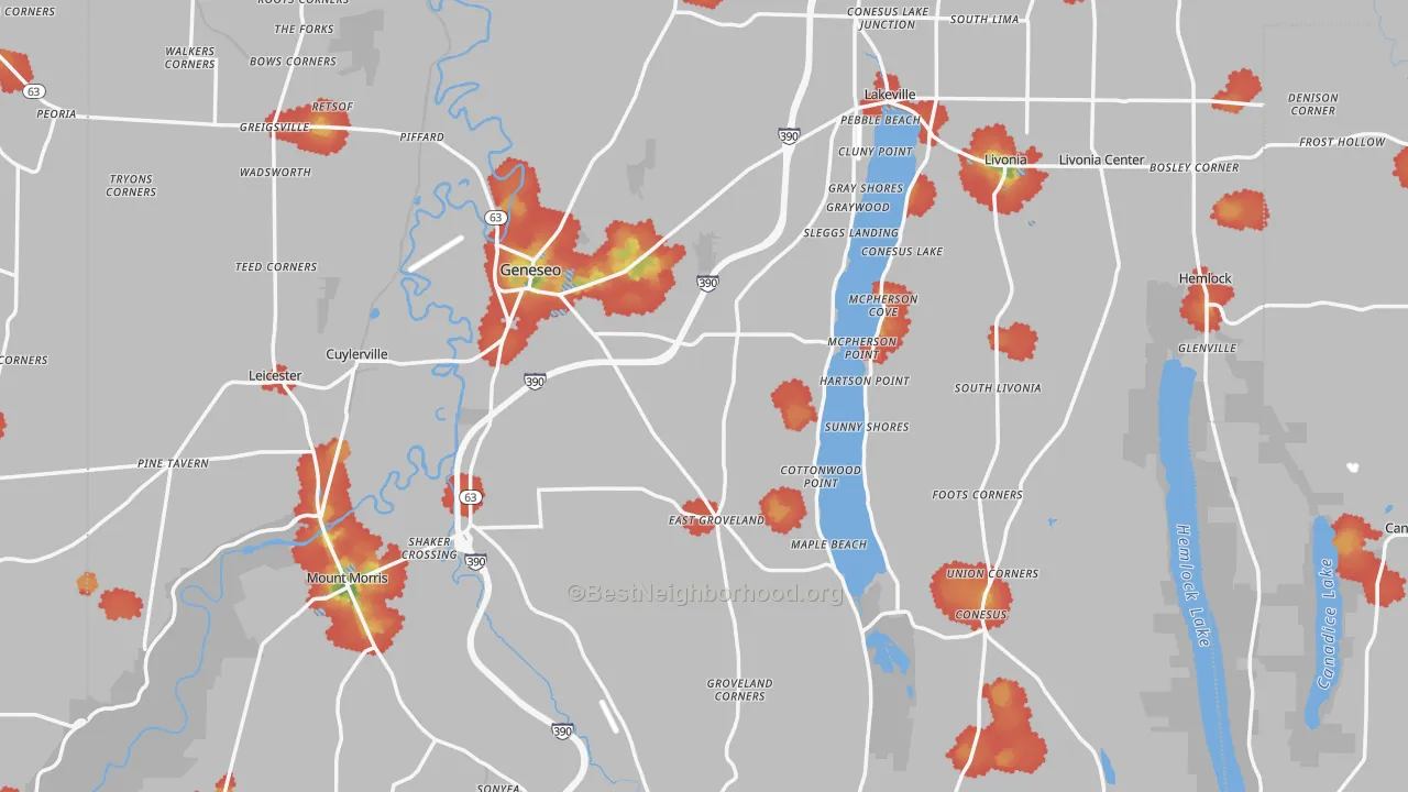 Walk Grade map of Livingston County, NY, walkable areas in green and car-dependent areas in red