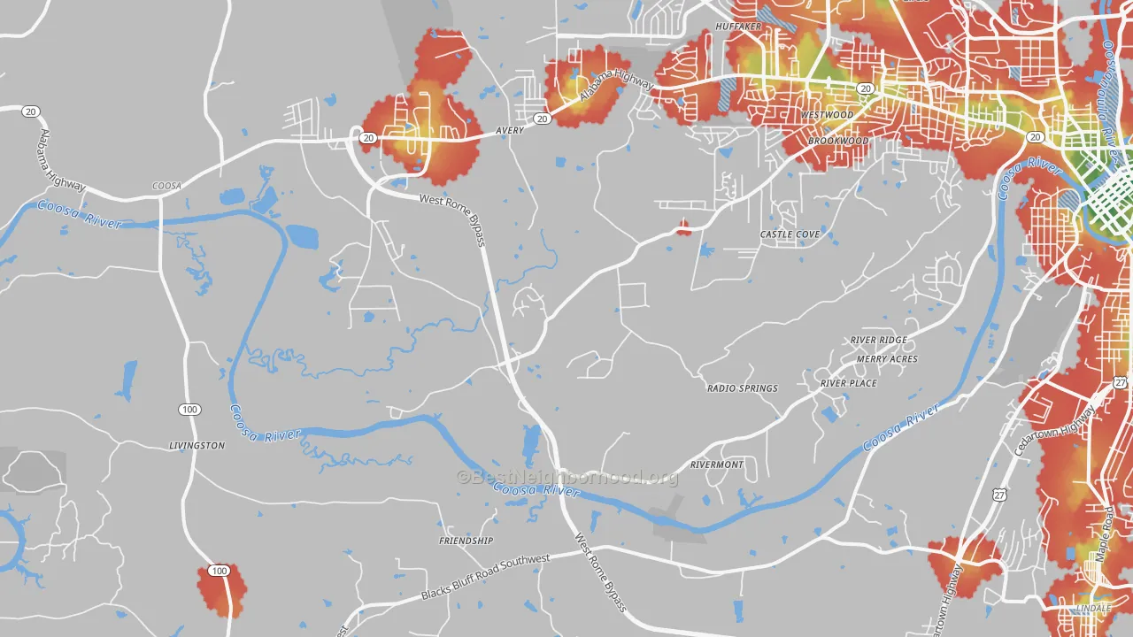 Walk Grade map of Livingston, GA, walkable areas in green and car-dependent areas in red