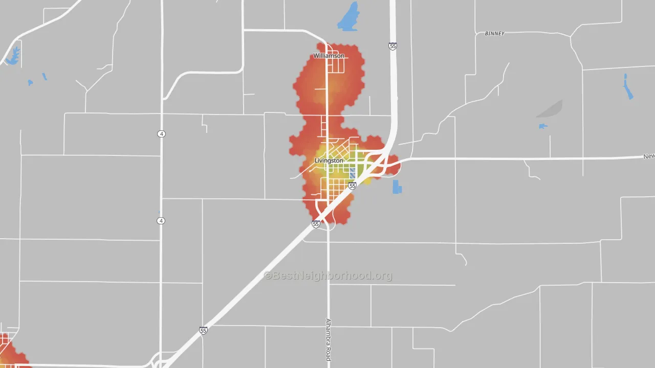Walk Grade map of Livingston, IL, walkable areas in green and car-dependent areas in red