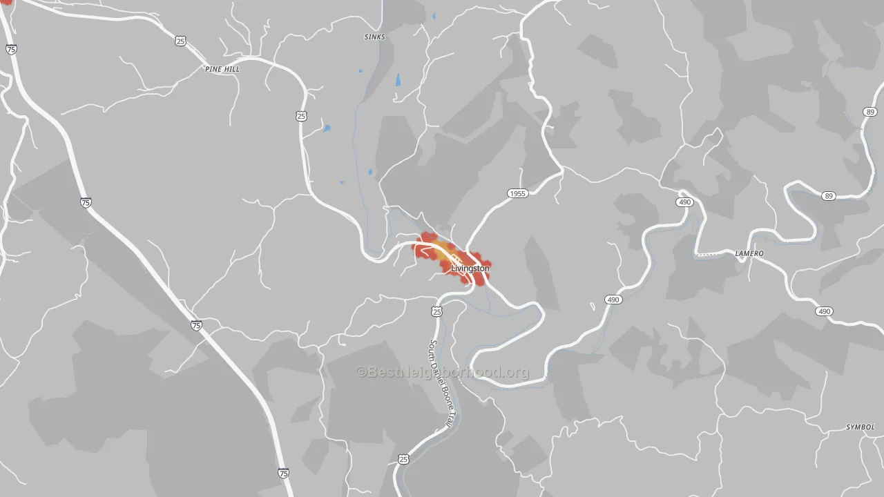 Walk Grade map of Livingston, KY, walkable areas in green and car-dependent areas in red