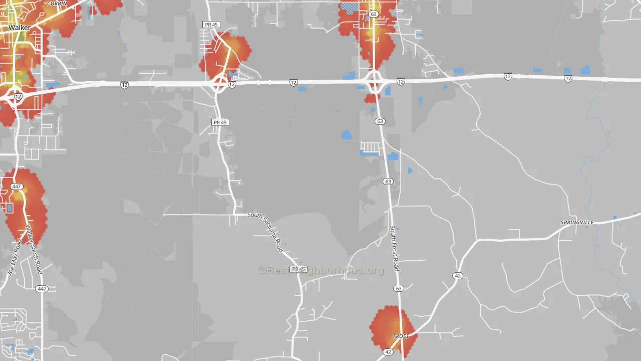 Walk Grade map of Livingston, LA, walkable areas in green and car-dependent areas in red