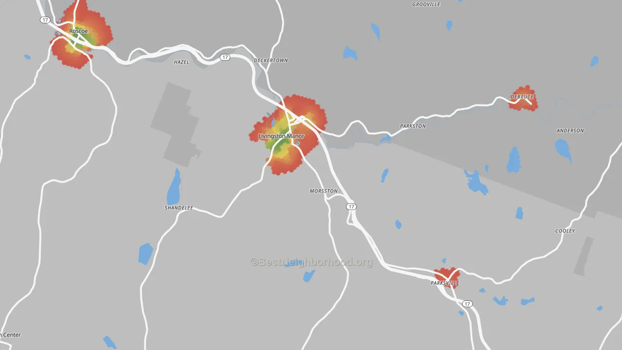 Walk Grade map of Livingston Manor, NY, walkable areas in green and car-dependent areas in red
