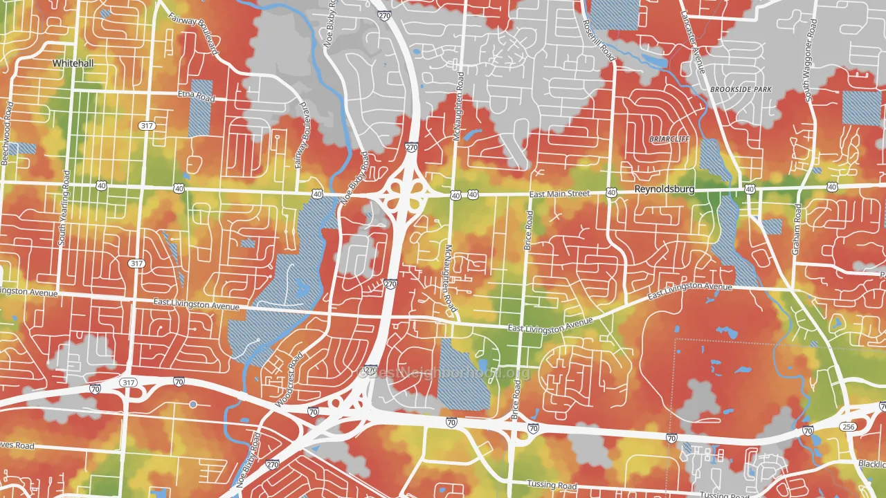 Walk Grade map of Livingston-McNaughten, Columbus, OH, walkable areas in green and car-dependent areas in red