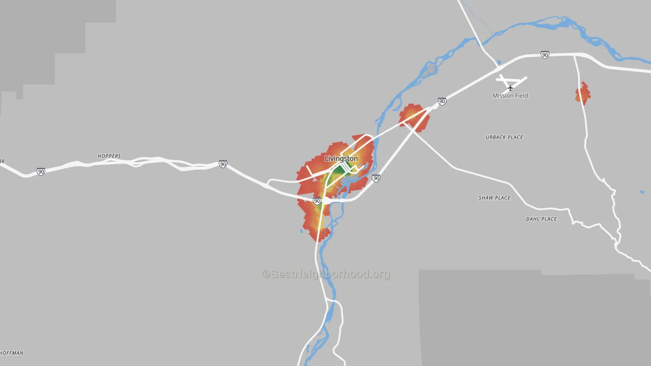 Walk Grade map of Livingston, MT, walkable areas in green and car-dependent areas in red