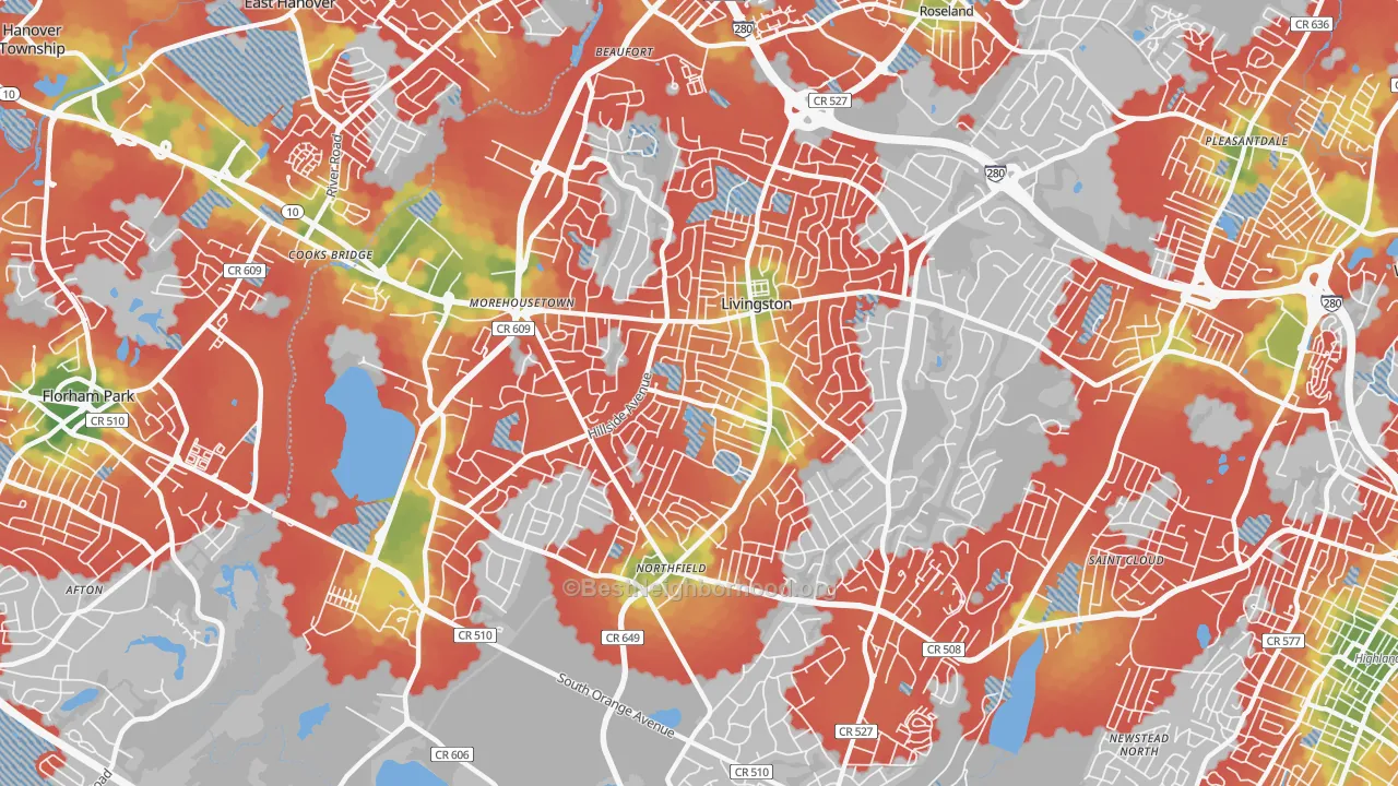 Walk Grade map of Livingston, NJ, walkable areas in green and car-dependent areas in red