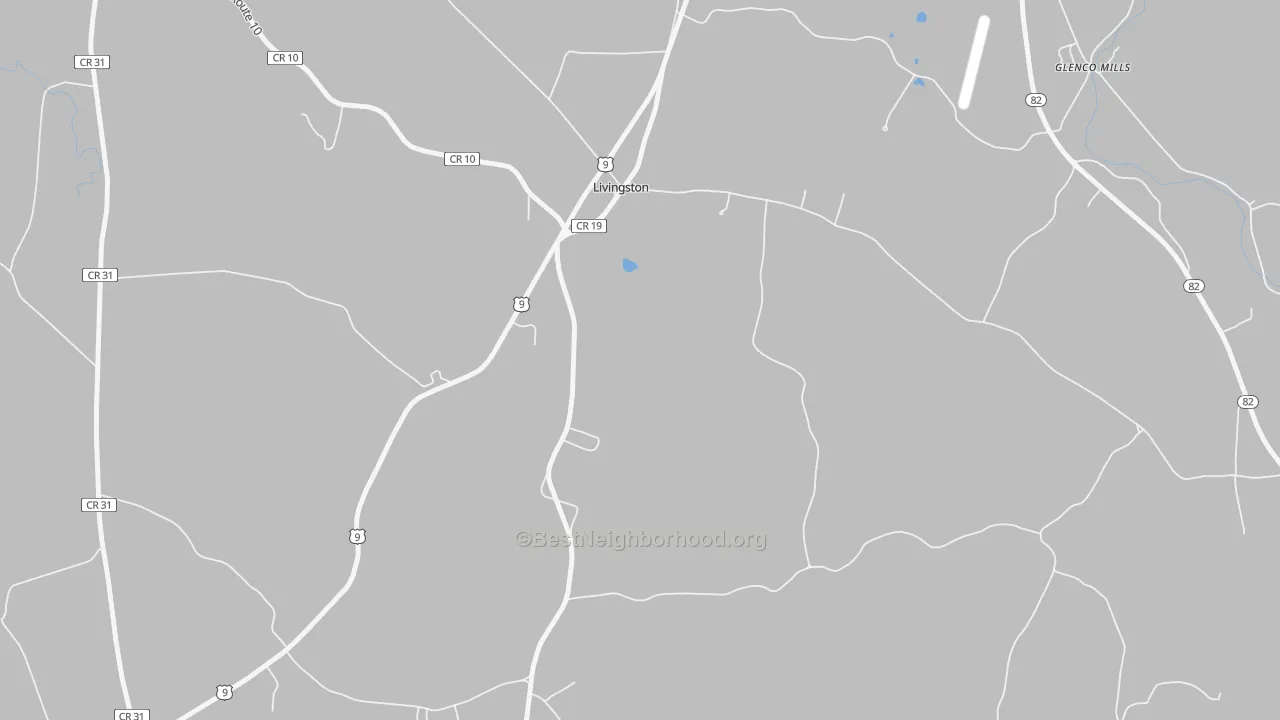 Walk Grade map of Livingston, NY, walkable areas in green and car-dependent areas in red