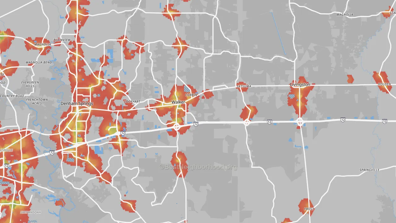 Walk Grade map of Livingston Parish, LA, walkable areas in green and car-dependent areas in red