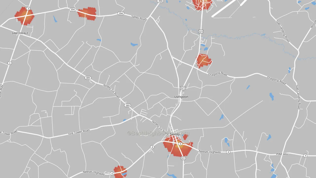 Walk Grade map of Livingston, SC, walkable areas in green and car-dependent areas in red