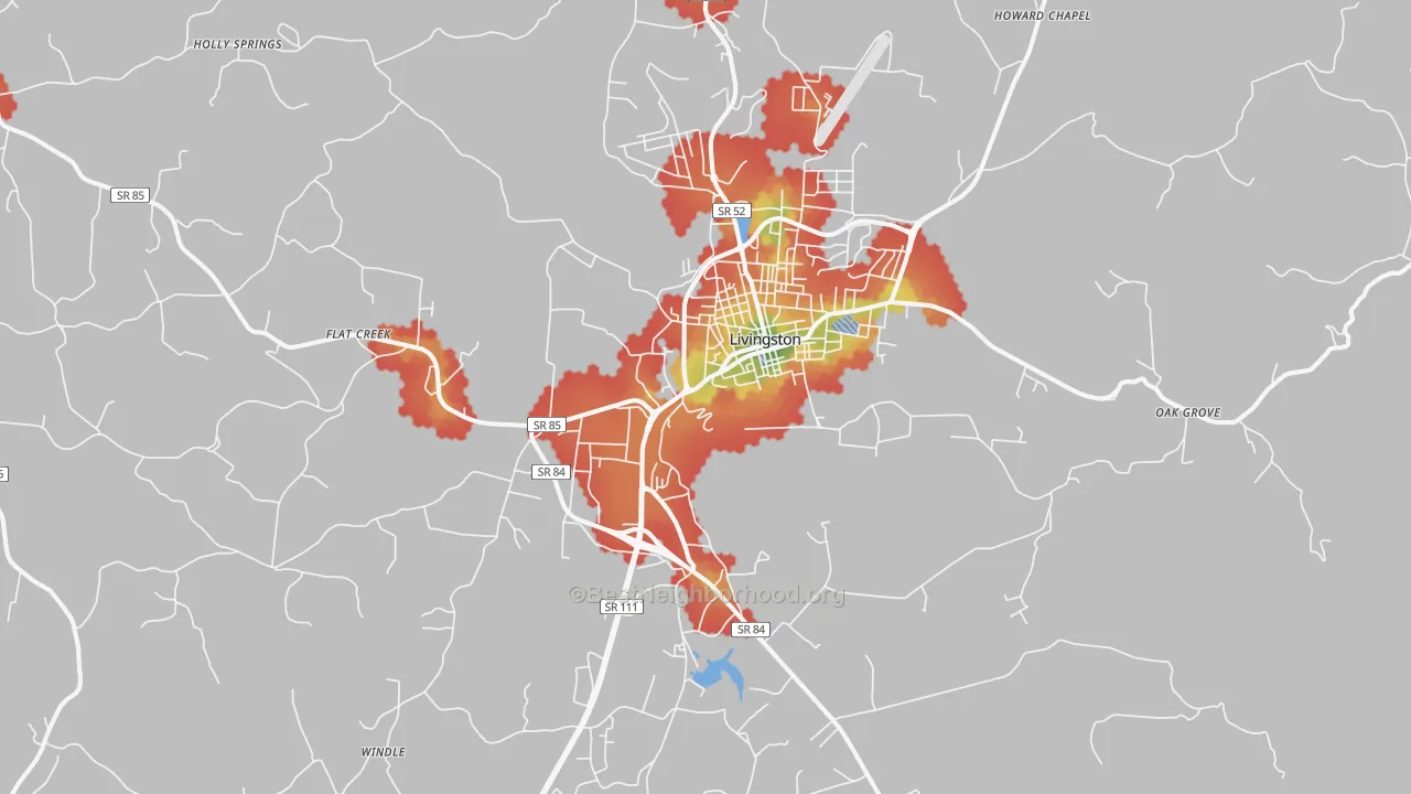 Walk Grade map of Livingston, TN, walkable areas in green and car-dependent areas in red